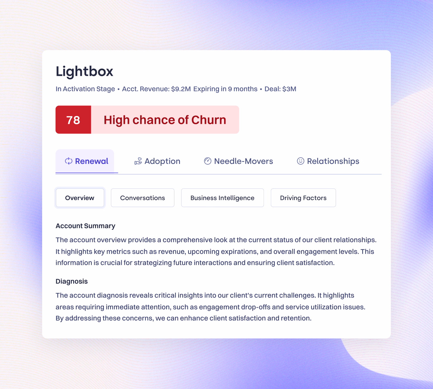 Lightbox account flagged with a 78 high chance of churn score